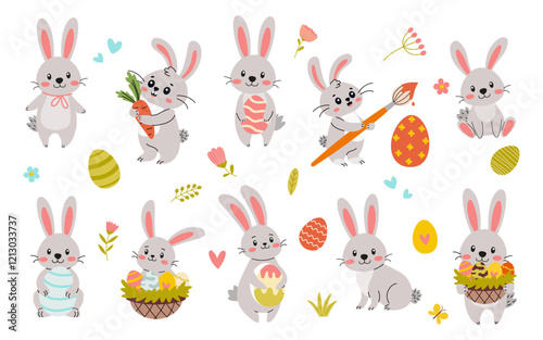 Easter collection featuring a variety of animals, flowers, and decorative elements. Ideal for posters, greeting cards, scrapbooking, and stickers for spring celebrations