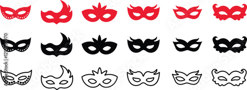 Different Mask silhouette isolated on transparent background Masquerade vector for apps or web party superhero carnival villain or burglar icon in flat, line set. costume eye mask hidden person face