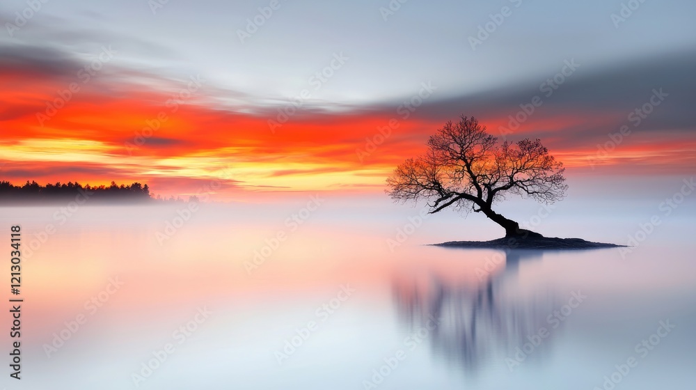 Fototapeta premium Solitary tree at sunrise, misty lake, peaceful dawn, nature scene, serene landscape, ideal for calming backgrounds