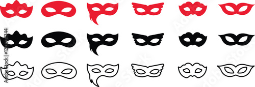 Different Mask silhouette isolated on transparent background Masquerade vector for apps or web party superhero carnival villain or burglar icon in flat, line set. costume eye mask hidden person face