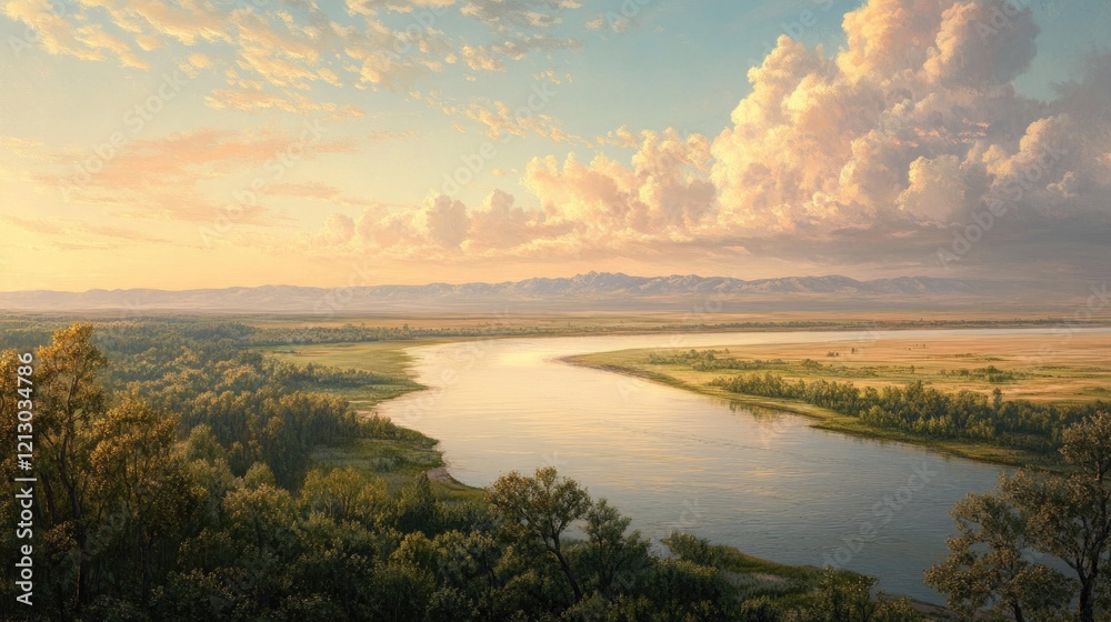Panoramic River Valley at Sunset with Dramatic Clouds and Distant Mountains Panoramic River Valley at Sunset with Dramatic Clouds and Distant Mountains