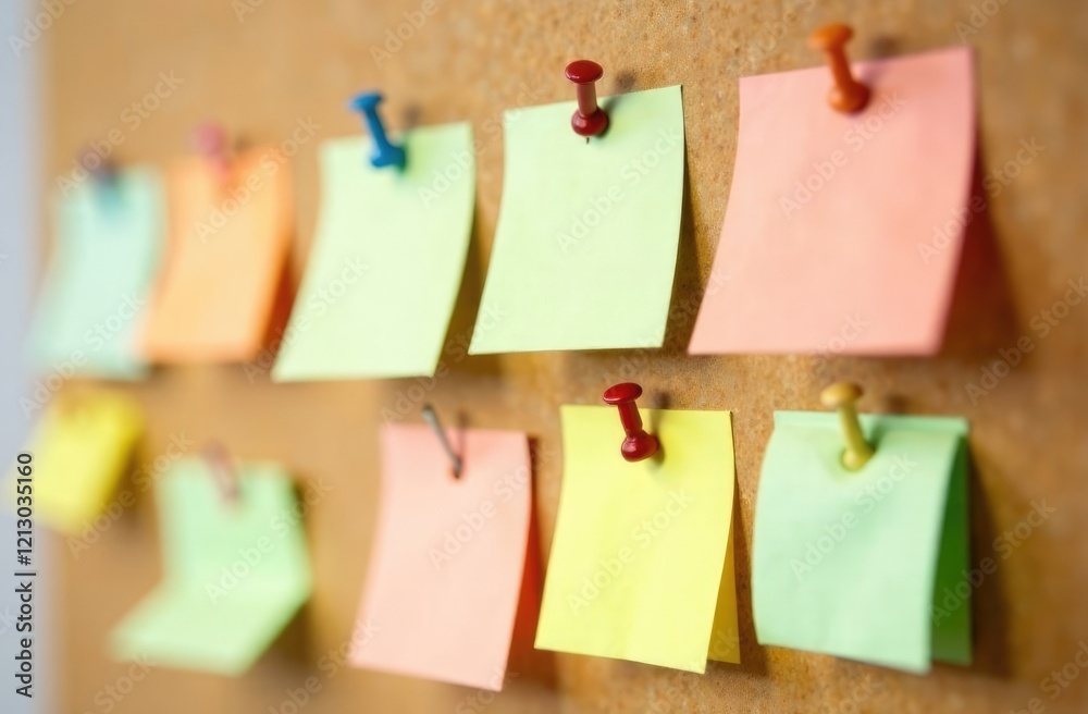 Close-up. Multi-colored sticky notes attached to a cork board. Close-up. Multi-colored sticky notes attached to a cork board.