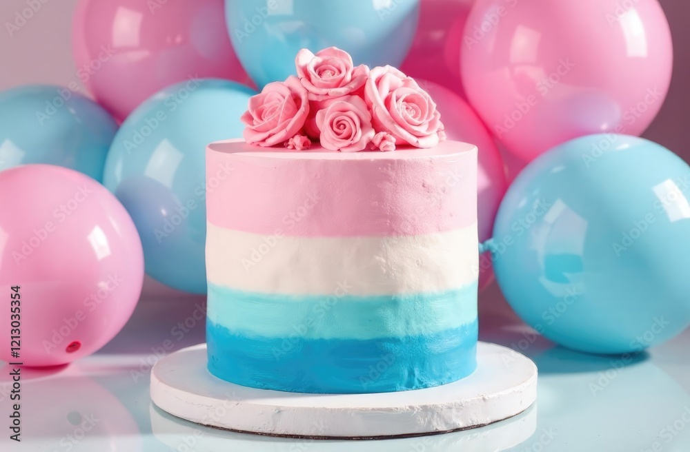Blue-pink cake for a gender party on a round tray against a background of balloons. Pastry shop concept. Blue-pink cake for a gender party on a round tray against a background of balloons. Pastry shop concept.