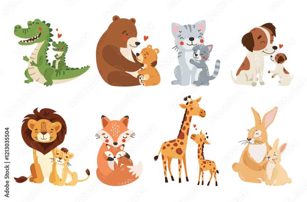 Fototapeta premium Mom and baby animals collection, mother day, cute animals set vector
