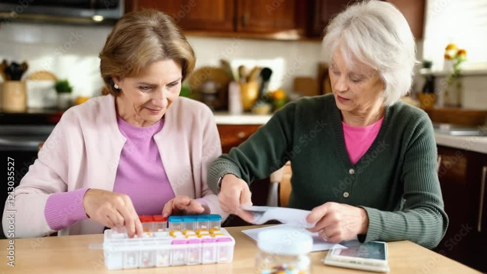 Two older women sit at a kitchen table, organizing medication while discussing health. They are focused on their task, enjoying their time together in a warm atmosphere