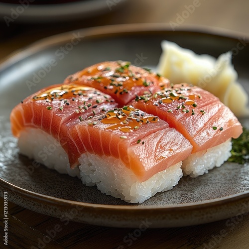 Tuna Nigiri and Sashimi Combo A duo of fresh tuna sashimi slices beside a piece of tuna nigiri sushi, garnished with a dash of soy sauce photo