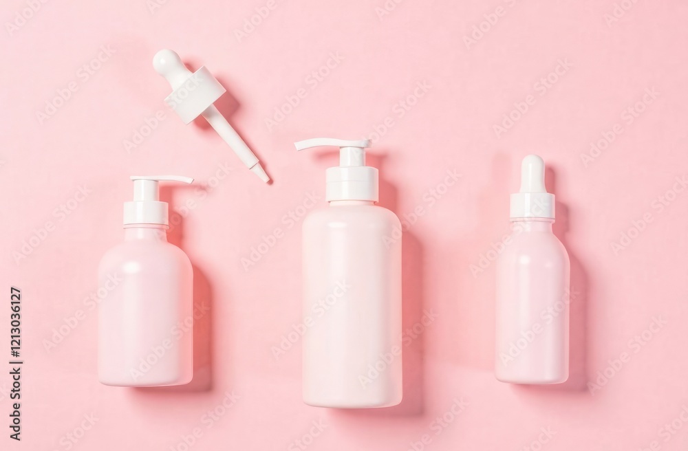Flat lay composition with pink packages of facial cosmetics on a soft pink background. Production of skincare cosmetics. Flat lay composition with pink packages of facial cosmetics on a soft pink background. Production of skincare cosmetics.