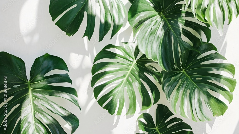Lush Green Monstera Leaves on White Background Botanical Wall Decor Lush Green Monstera Leaves on White Background Botanical Wall Decor