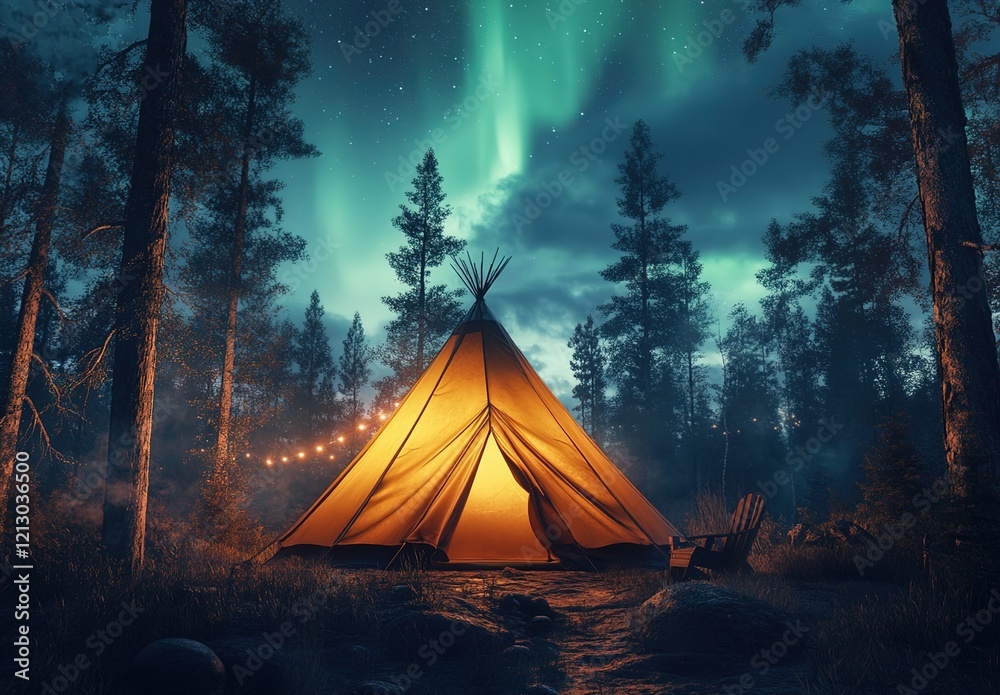 A glowing tent in the middle of a forest, with a northern lights sky A glowing tent in the middle of a forest, with a northern lights sky