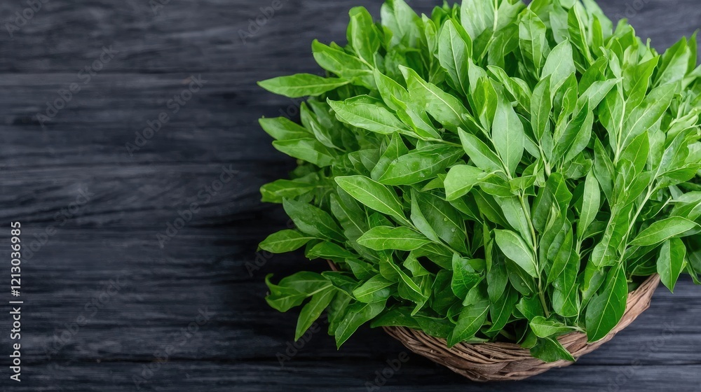 Fresh green leaves in basket on dark wood. Culinary herb harvest Fresh green leaves in basket on dark wood. Culinary herb harvest