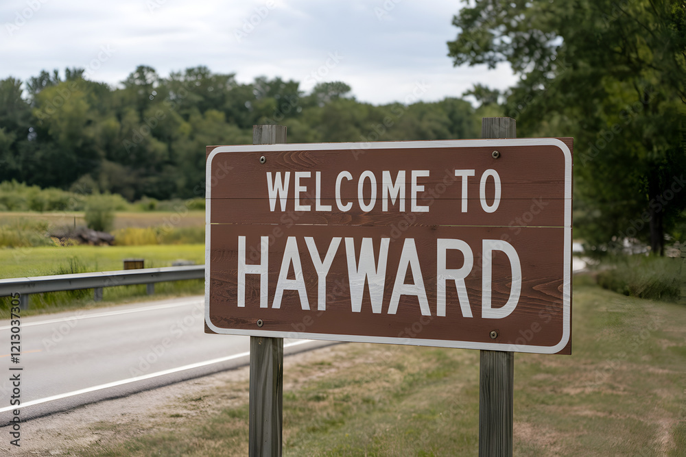 Rustic Wooden Welcome to Hayward Sign with California State Motif and Scenic Landscape Design Rustic Wooden Welcome to Hayward Sign with California State Motif and Scenic Landscape Design