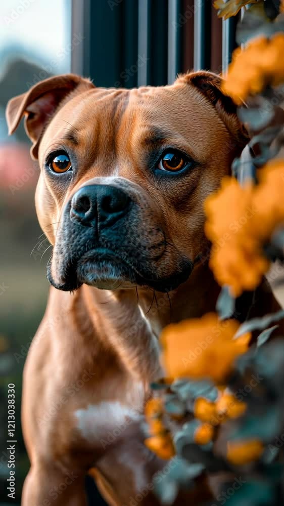 Dog gazing through orange flowers in a garden setting during late afternoon light Dog gazing through orange flowers in a garden setting during late afternoon light