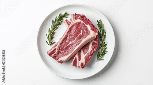 Two pieces raw beef on plate. Steak, rosemary, , plate meat, piece, background. White piece of meat on a white background. A plate of steak, white meat, and a piece of rosemary on it. The lifestyle.