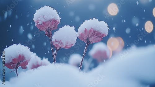 Pink flowers covered in snow at night with bokeh lights.
