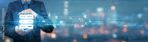 Businessman holding hosting services, platform solutions, cloud infrastructure, web management, data security, digital marketing, business growth, IT solutions, global reach, strategic partnerships.