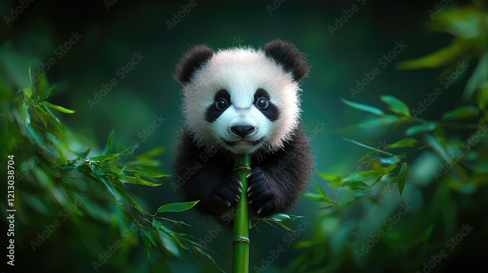 Obraz premium Cute baby panda holding bamboo, lush forest background, wildlife conservation image