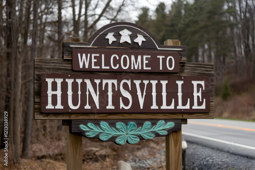 Rustic Wooden Huntsville Sign with Welcome to Alabama Text in Natural Setting