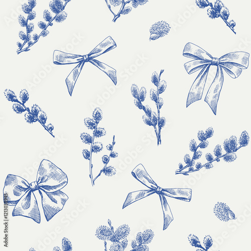 Easter Seamless pattern with branches willows and bows. Blue beige. Hand drawn illustration. Holiday background for design packaging, textile, wrapping paper, wallpaper, decor