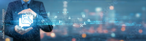 Businessman holding technical support services to enhance customer satisfaction and operational efficiency through expertise in troubleshooting and problem-solving.