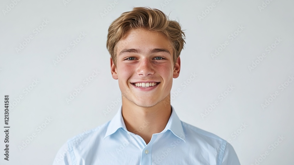 Photo of an attractive young man smiling, wearing a light blue shirt against a white background. Photo of an attractive young man smiling, wearing a light blue shirt against a white background.