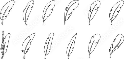 Bird feather icons set. Simple black symbols with different feathers from bird wings. line style vector for apps website isolated on transparent background