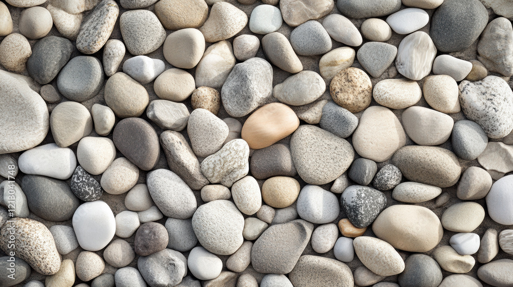 Texture of smooth pebbles on a riverbed, displaying natural shapes, emphasizing the beauty of nature in a serene environment Texture of smooth pebbles on a riverbed, displaying natural shapes, emphasizing the beauty of nature in a serene environment