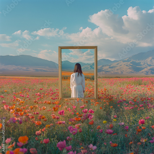 Surreal Model Walking Through a Blooming Field into a Mirror Room