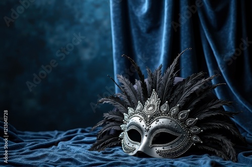 Intricate black feathered mask on velvet background with blue drapes photo