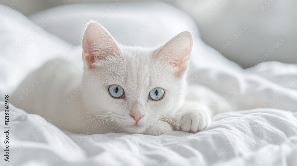 Cute white kitten lying on a comfortable white blanket Cute white kitten lying on a comfortable white blanket