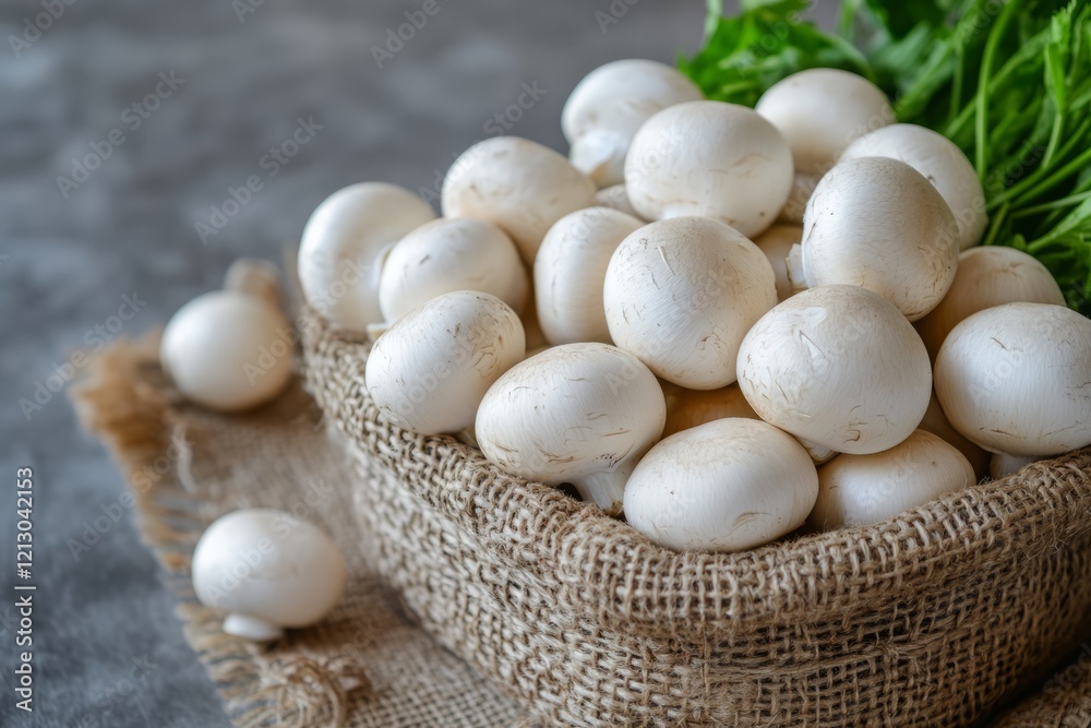 Fresh raw champignon mushrooms in a container lined with burlap and fresh herbs, healthy organic food, culinary ingredients Fresh raw champignon mushrooms in a container lined with burlap and fresh herbs, healthy organic food, culinary ingredients
