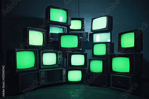 stack of retro televisions with glowing green screens arranged in dark room evoking nostalgia