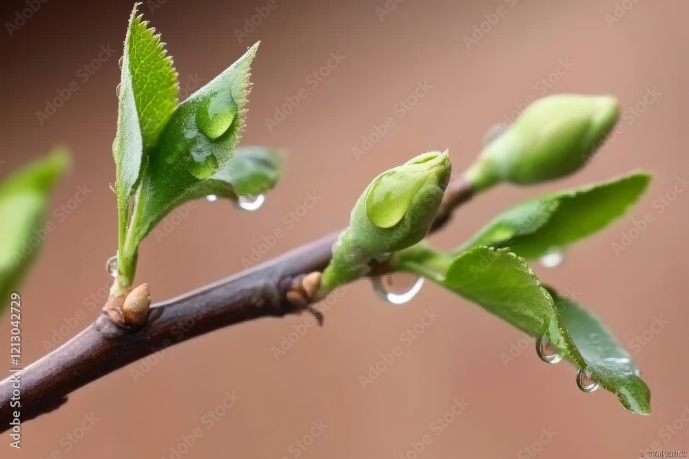 Emerald buds speckled with tiny spring raindrops. Focus is selective, creating a shallow depth of field Emerald buds speckled with tiny spring raindrops. Focus is selective, creating a shallow depth of field