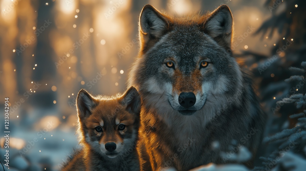 Fototapeta premium A dynamic wildlife photograph of a wolf , droplets of dew flying through the air, with focus on the wolf and blurred motion in the background, photorealistic.