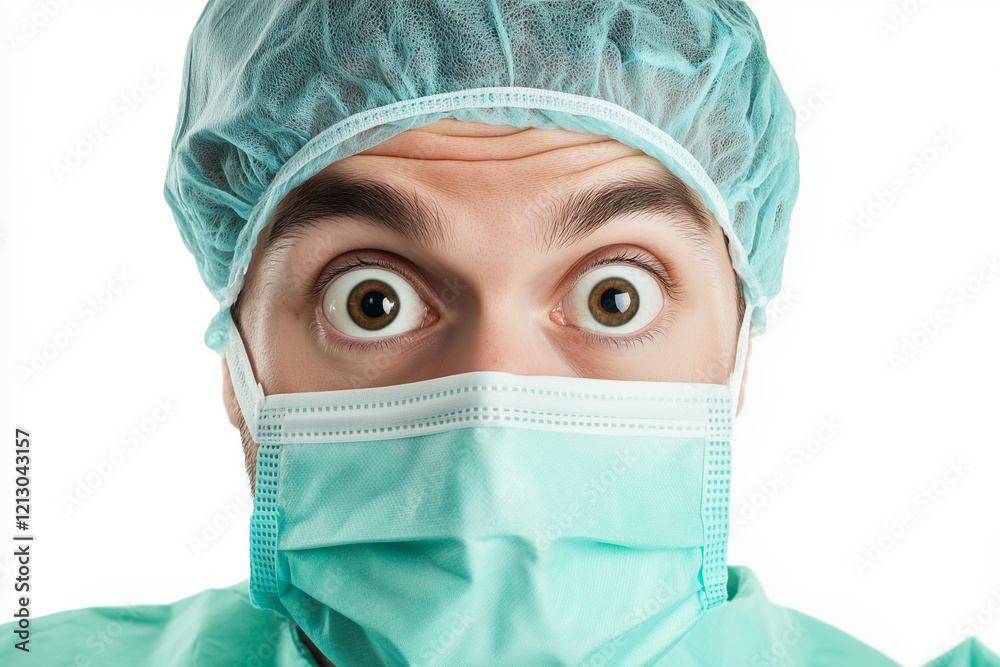 man in a green surgical mask with his eyes wide open. Concept of surprise or shock man in a green surgical mask with his eyes wide open. Concept of surprise or shock