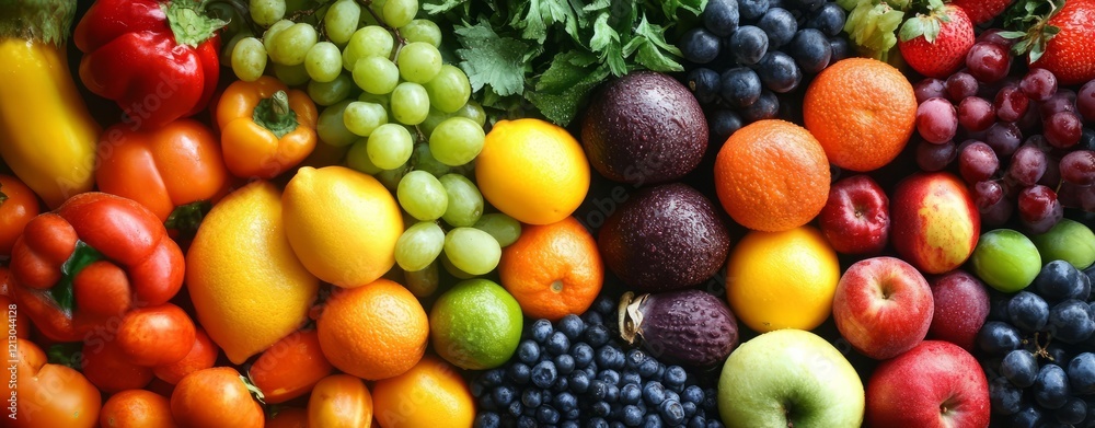 Vibrant mix of fresh fruits and vegetables creating a colorful and healthy display Vibrant mix of fresh fruits and vegetables creating a colorful and healthy display