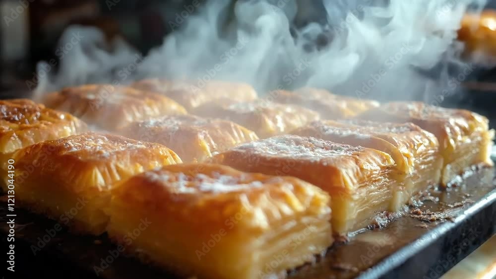 Golden layers of baklava sit on a tray, puffing warm steam into the air. The sweet aroma fills the cozy cafe, inviting patrons to indulge in this delicious treat.