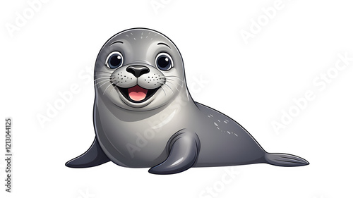 Adorable Seal Cartoon Silver Illustration on Transparent Background, Happy Smiling Face - Animal Sticker PNG