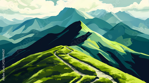 Lush green mountain ridge path. Majestic Ridge. Illustration