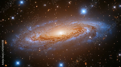 Distant galaxy glowing vividly in a panoramic starry night scene