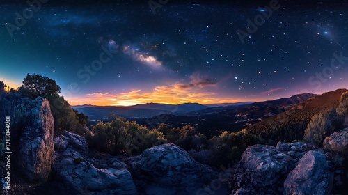 Distant galaxy glowing vividly in a panoramic starry night scene