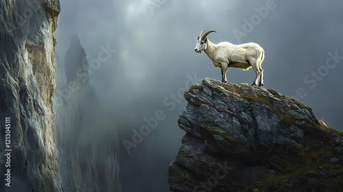 Majestic wild goat on mountain ledge rugged terrain dramatic lighting misty background wildlife photography style. Majestic Ridge. Illustration