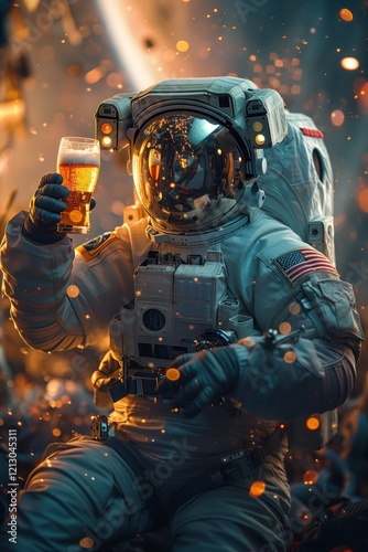 Astronaut in a spacesuit flying in outer space, holding beer, starry sky and planets in the background  