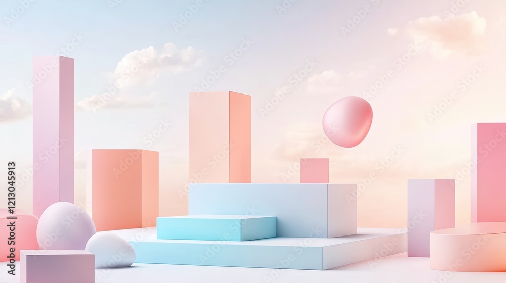 Fototapeta premium vibrant podium in pastel tones surrounded by dynamic geometric shapes and floating elements in surreal studio