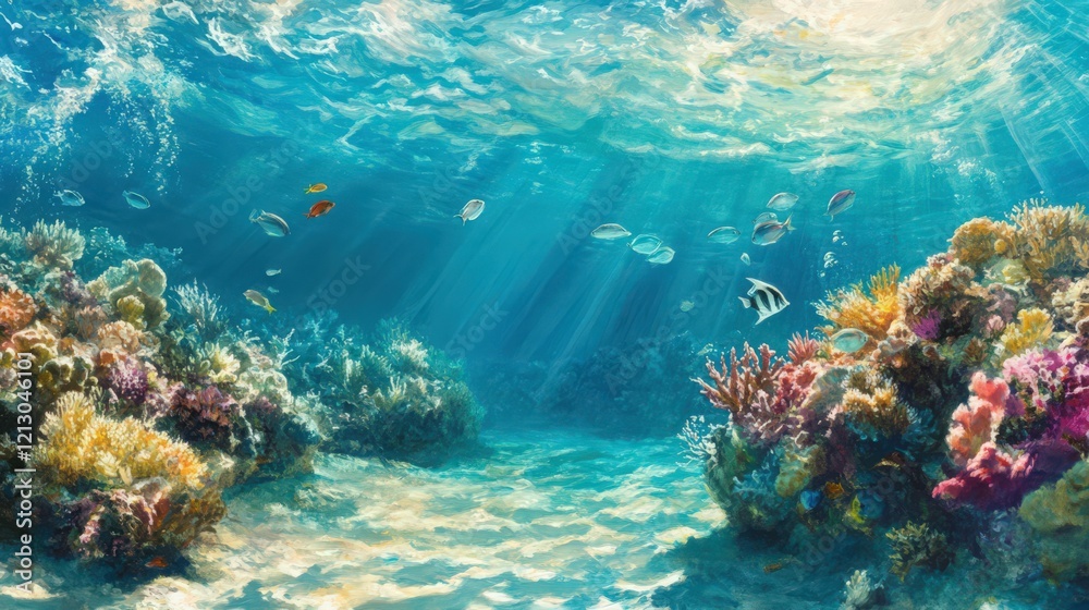 Naklejka premium A vibrant coral reef beneath clear turquoise waters, with schools of fish swimming between the coral. 