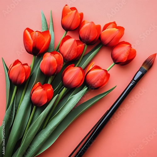 A minimalist nature-themed flat lay featuring a paint brush and vibrant tulip flowers set against a soft pastel pink backdrop