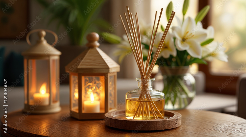Cozy Home Aromatherapy Display with Lanterns and White Lilies in Warm Candlelight Cozy Home Aromatherapy Display with Lanterns and White Lilies in Warm Candlelight