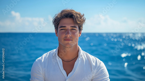 Young CEO in a crisp white shirt, standing on a yacht deck with a vast blue ocean and a bright horizon in the background photo