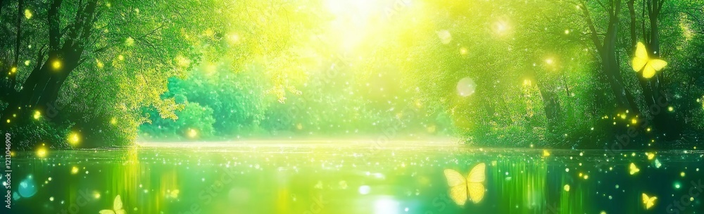 A hazy view of water with surrounding vegetation