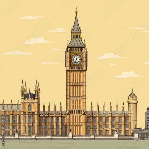 Big Ben hand-drawn comic illustration. Big Ben. Vector doodle style cartoon illustration