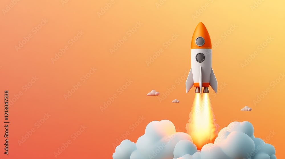 Obraz premium A Vibrant Rocket Launch into a Sunset Sky - A vibrant orange and white rocket blasts off, symbolizing growth, innovation, ambition, success, and freedom. A stunning sunset backdrop adds to the inspir